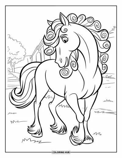 Coloriage de cheval pour enfants : Un cheval à la crinière bouclée se tient fièrement dans un champ