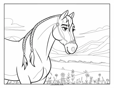 Coloriage de cheval pour enfants : Un cheval aux longs crins tressés et aux bijoux se tient dans un champ couvert de fleurs