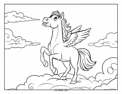 Coloriage de cheval pour enfants : Un cheval avec de petites ailes se tient sur un nuage, regardant le ciel