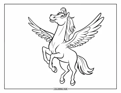 Coloriage de cheval pour enfants : Un cheval avec de toutes petites ailes regarde vers le haut comme s'il essayait de voler