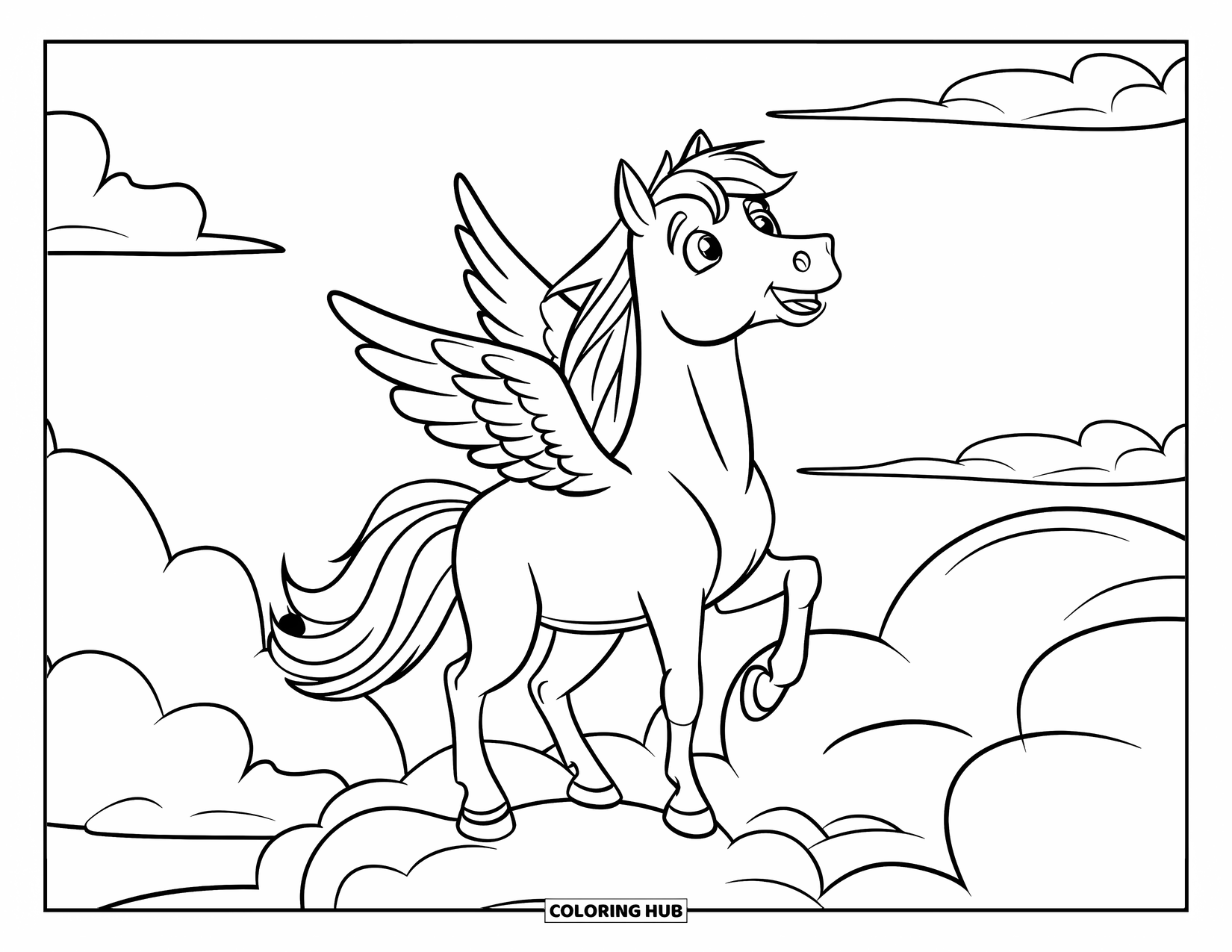 Paarden Kleurplaat voor Kinderen: Een paard met kleine vleugels staat op een wolk en kijkt hoopvol omhoog