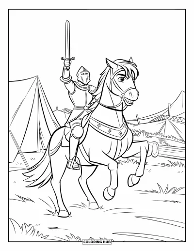 Coloriage de cheval pour enfants : Un chevalier sur un puissant cheval se prépare au combat près d'un château