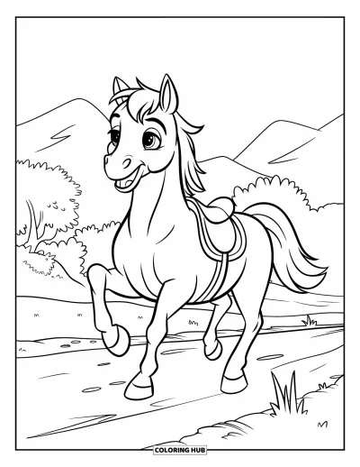 Coloriage de cheval pour enfants : Un petit cheval passe la tête par la porte d'une grange avec une expression joyeuse