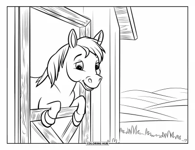 Coloriage de cheval pour enfants : Un petit cheval au visage joyeux passe la tête par la porte de la grange