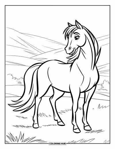 Coloriage de cheval pour enfants : Un cheval majestueux se tient fièrement dans une prairie, la queue qui se balance