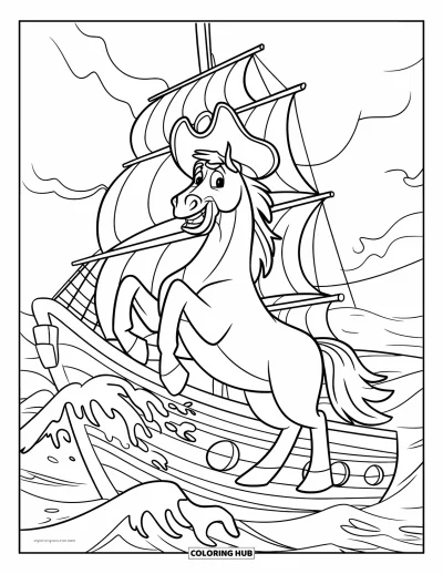 Coloriage de cheval pour enfants : Un cheval pirate portant un chapeau se tient hardiment sur le pont d'un navire