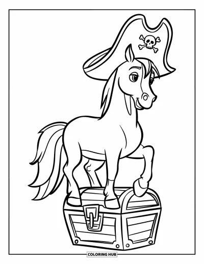Coloriage de cheval pour enfants : Un cheval pirate se tient sur un coffre au trésor d'où débordent des pièces