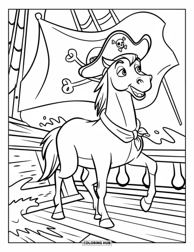 Coloriage de cheval pour enfants : Un cheval pirate se tient fièrement sur le pont d'un navire, avec des vagues qui se brisent autour