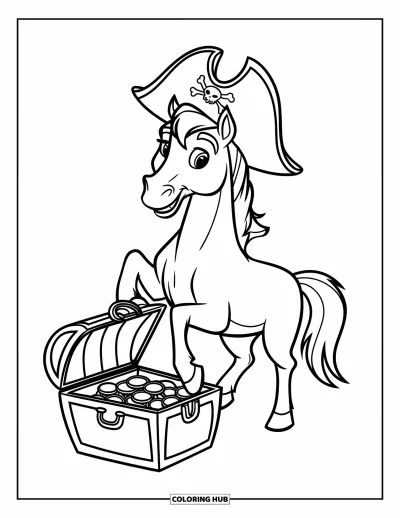 Coloriage de cheval pour enfants : Un cheval pirate avec un chapeau se tient fièrement sur un coffre au trésor