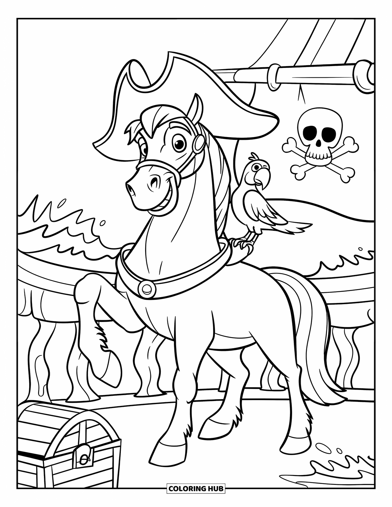 Paarden Kleurplaat voor Kinderen: Een piratenpaard met een papegaai op zijn schouder staat op een stormachtig scheepsdek