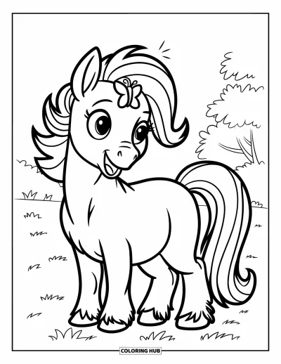 Coloriage de cheval pour enfants : Un cheval joueur trotte sur un sentier avec des arbres et des montagnes en arrière-plan