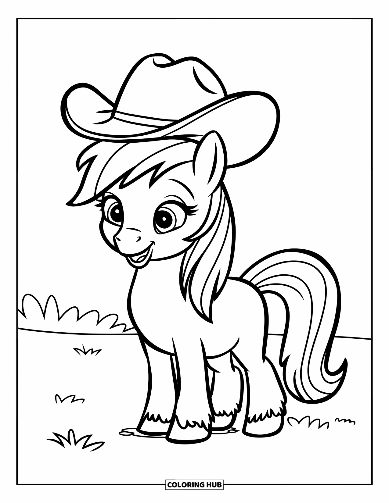 Paarden Kleurplaat voor Kinderen: Een pony met een cowboyhoed staat vrolijk op een grasveld