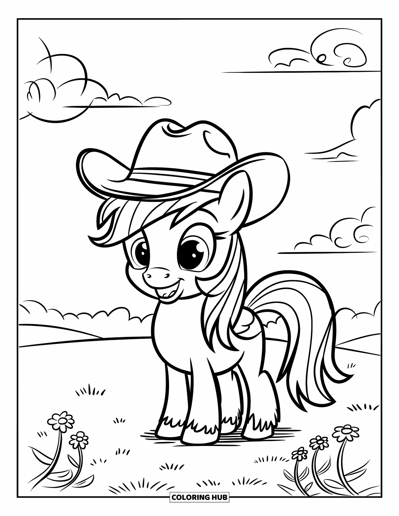Paarden Kleurplaat voor Kinderen: Een pony met een kleine cowboyhoed staat vrolijk op een veld