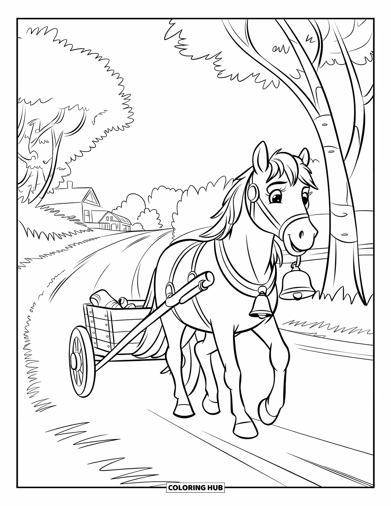 Paarden Kleurplaat voor Kinderen: Een pony trekt een kar over een landweg omzoomd met bomen