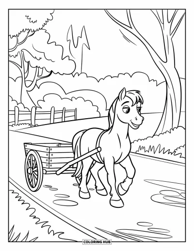 Coloriage de cheval pour enfants : Un poney tire une charrette sur une route de campagne bordée d'arbres et d'une maison