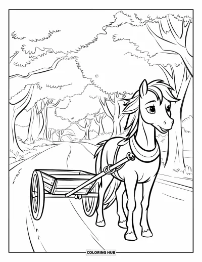 Coloriage de cheval pour enfants : Un poney tire une charrette sur une route avec des arbres et une grange à proximité