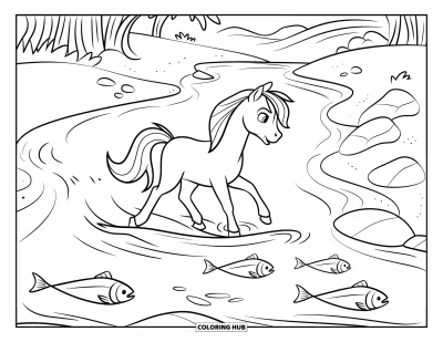 Coloriage de cheval pour enfants : Un poney marche dans une rivière avec des poissons, entouré d'arbres et de montagnes