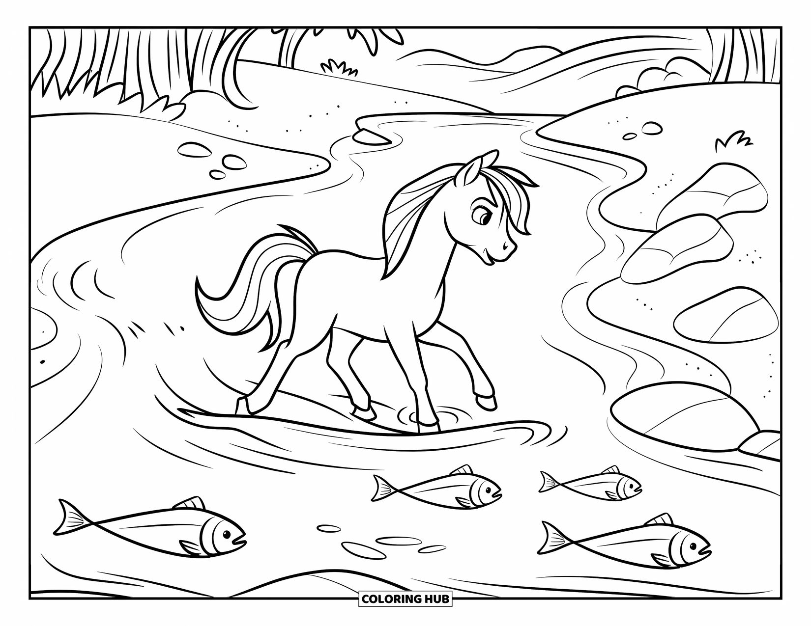 Paarden Kleurplaat voor Kinderen: Een pony loopt door een rivier met vissen, omringd door bomen en bergen