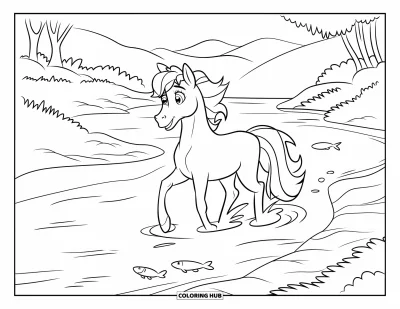 Coloriage de cheval pour enfants : Un poney avec une cloche traverse une rivière avec des poissons et des arbres à proximité