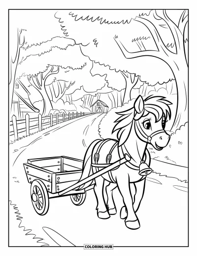 Coloriage de cheval pour enfants : Un poney avec une cloche tire une charrette en bois le long d'un chemin bordé d'arbres