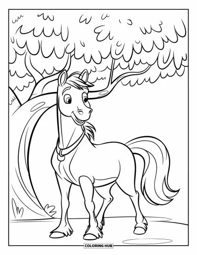 Coloriage de cheval pour enfants : Un poney à l'expression joyeuse se tient avec un papillon posé sur son nez