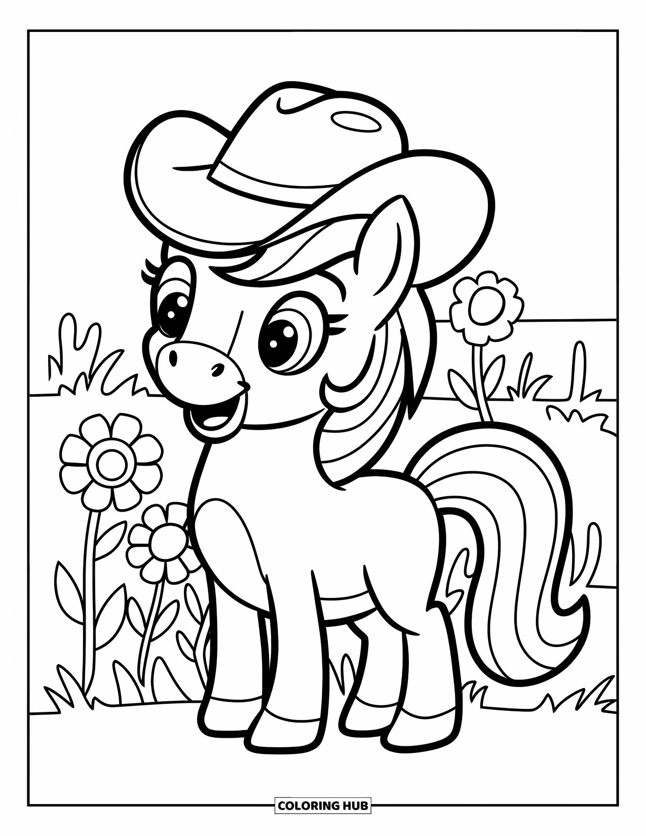 Paarden Kleurplaat voor Kinderen: Een pony met een cowboyhoed staat vrolijk op een grasveld