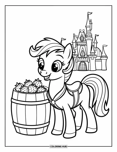 Coloriage de cheval pour enfants : Un poney avec une selle sourit près d'un tonneau de fraises