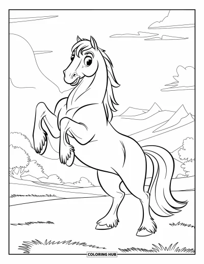 Coloriage de cheval pour enfants : Un cheval puissant se cabre dans un pré herbeux sous les nuages