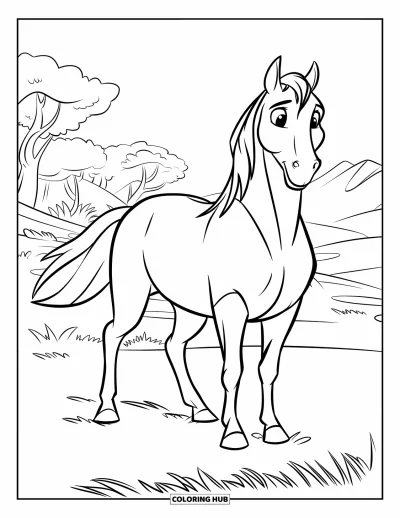 Coloriage de cheval pour enfants : Un cheval fier se tient dans une prairie avec des arbres et des montagnes lointaines