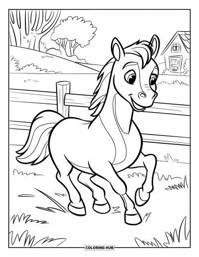 Coloriage de cheval pour enfants : Un petit cheval heureux court dans une prairie avec une expression joyeuse