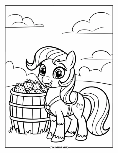 Coloriage de cheval pour enfants : Un poney souriant avec une selle se tient près d'un tonneau de fraises