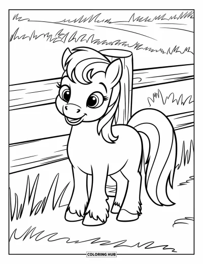 Coloriage de cheval pour enfants : Un poney souriant aux pattes courtes se tient près d'une clôture en bois