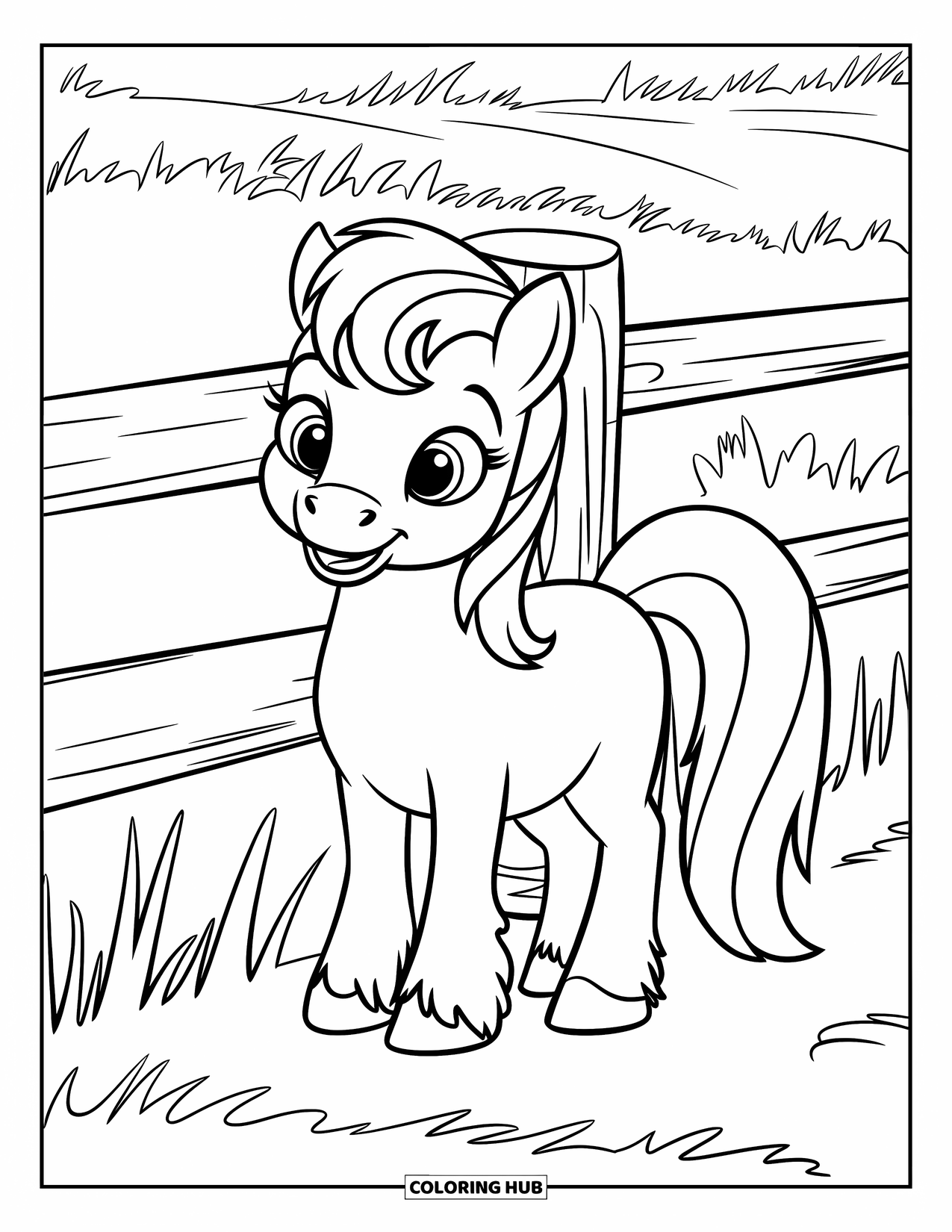 Paarden Kleurplaat voor Kinderen: Een lachende pony met korte benen staat bij een houten hek
