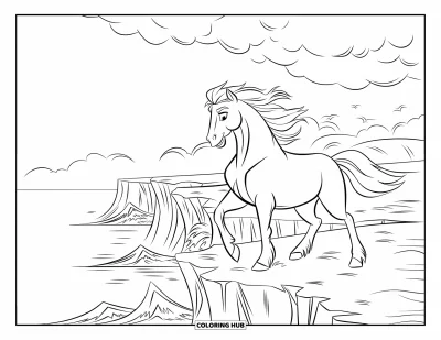 Coloriage de cheval pour enfants : Un étalon se tient hardiment sur une falaise pendant que les vagues se brisent en dessous