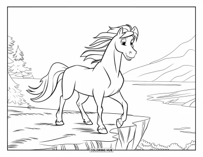 Coloriage de cheval pour enfants : Un étalon se tient sur une falaise, sa crinière soufflée par le vent