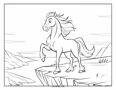 Coloriage de cheval pour enfants : Un étalon se tient fièrement sur une falaise, le vent dans sa crinière