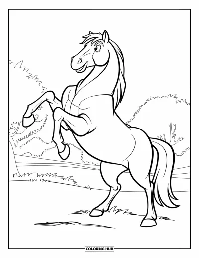 Coloriage de cheval pour enfants : Un cheval robuste se cabre, sabots levés, dans un pré herbeux