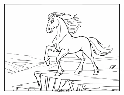 Coloriage de cheval pour enfants : Un étalon robuste se tient sur le bord d'une falaise, le vent soufflant dans sa crinière
