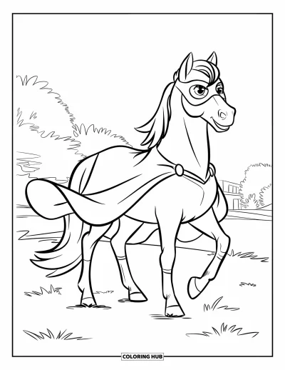 Coloriage de cheval pour enfants : Un cheval super-héros avec une cape et un masque se tient hardiment dans un pré herbeux