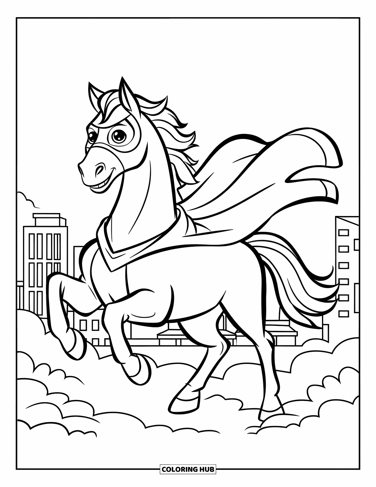 Paarden Kleurplaat voor Kinderen: Een superheld paard in een cape staat op een wolk boven een stad