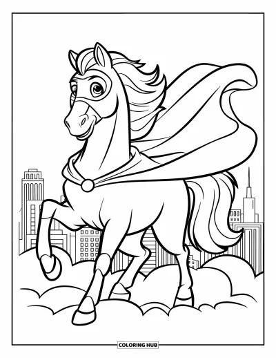 Coloriage de cheval pour enfants : Un cheval super-héros avec une cape se tient sur un nuage au-dessus d'une ville