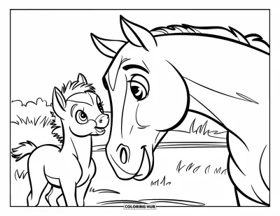 Coloriage de cheval pour enfants : Un minuscule poulain se tient près d'un cheval plus grand en levant les yeux avec curiosité