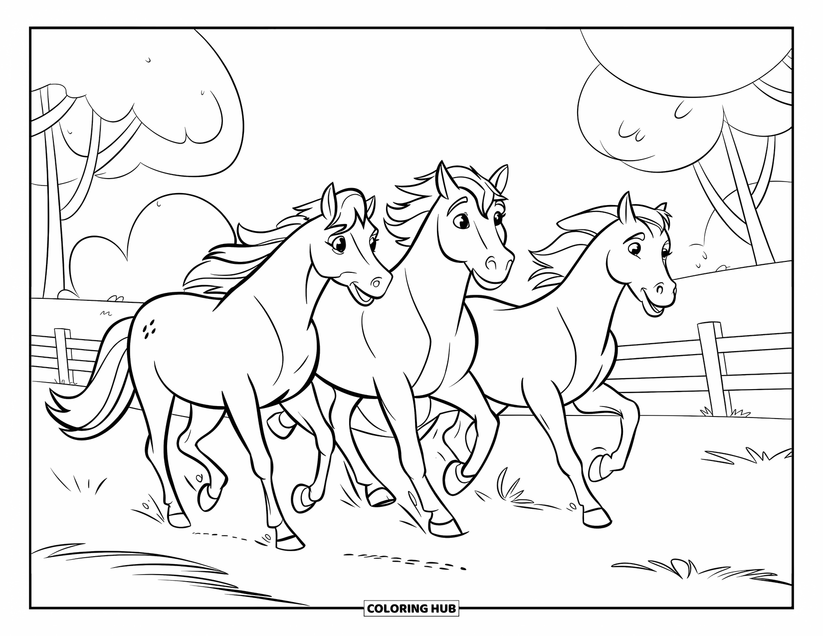 Paarden Kleurplaat voor Kinderen: Een trio paarden rent vrij in een veld met een hek en bomen