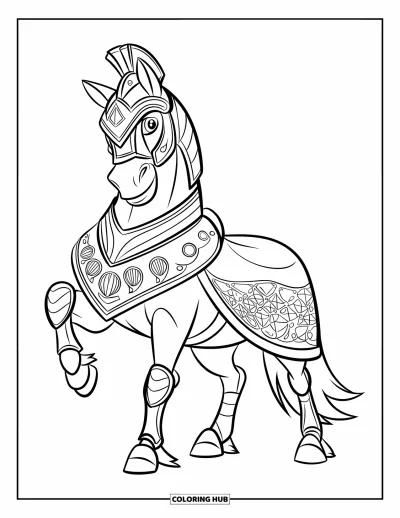 Coloriage de cheval pour enfants : Un cheval de guerre en armure se tient fermement, les yeux vifs et attentifs