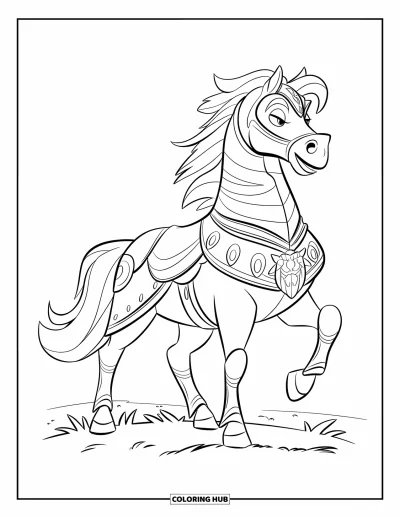 Coloriage de cheval pour enfants : Un cheval de guerre se tient fièrement en armure détaillée dans un pré herbeux