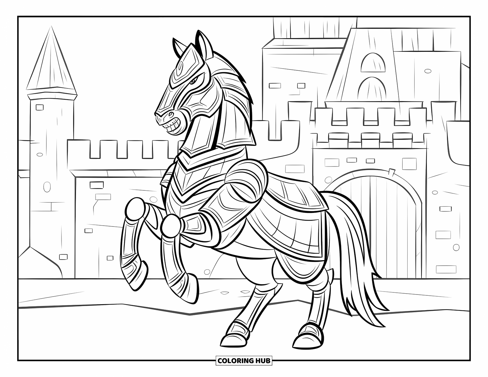 Paarden Kleurplaat voor Kinderen: Een krijgerpaard in ingewikkeld harnas staat voor een kasteel en stenen muren
