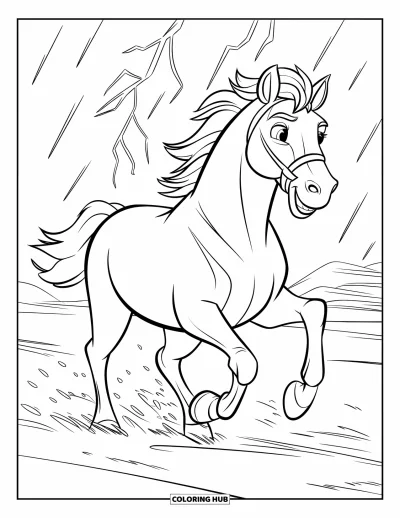 Coloriage de cheval pour enfants : Un cheval sauvage galope dans la tempête avec des éclairs dans le ciel