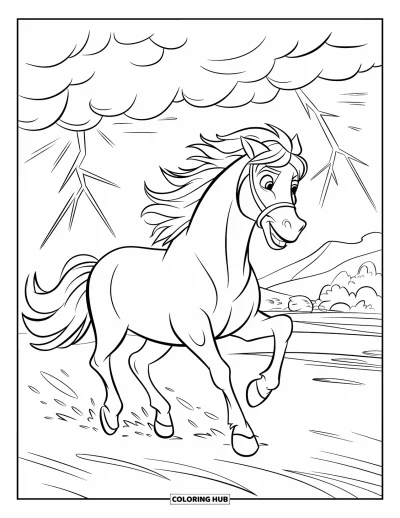 Coloriage de cheval pour enfants : Un cheval sauvage court pendant un orage, des éclairs zébrant un paysage lointain