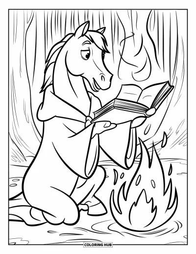 Coloriage de cheval pour enfants : Un cheval magicien lit un grimoire en robe, entouré d'arbres
