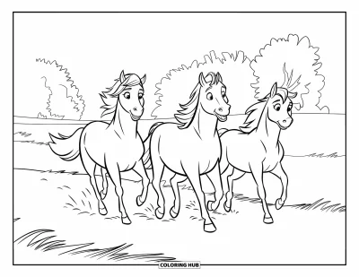 Coloriage de cheval pour enfants : Trois chevaux galopent ensemble à travers un champ avec des arbres au loin